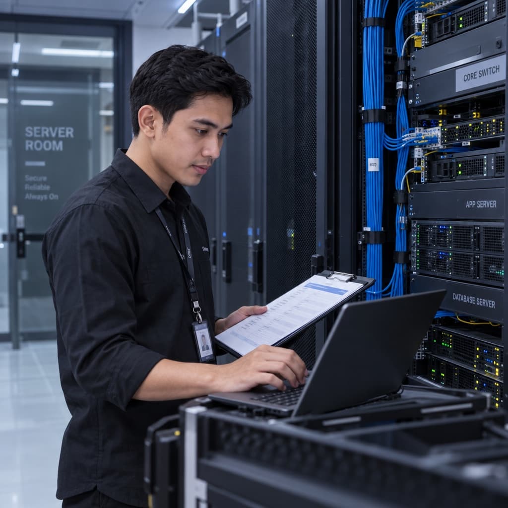 Salviora engineer checking documentation at a server rack